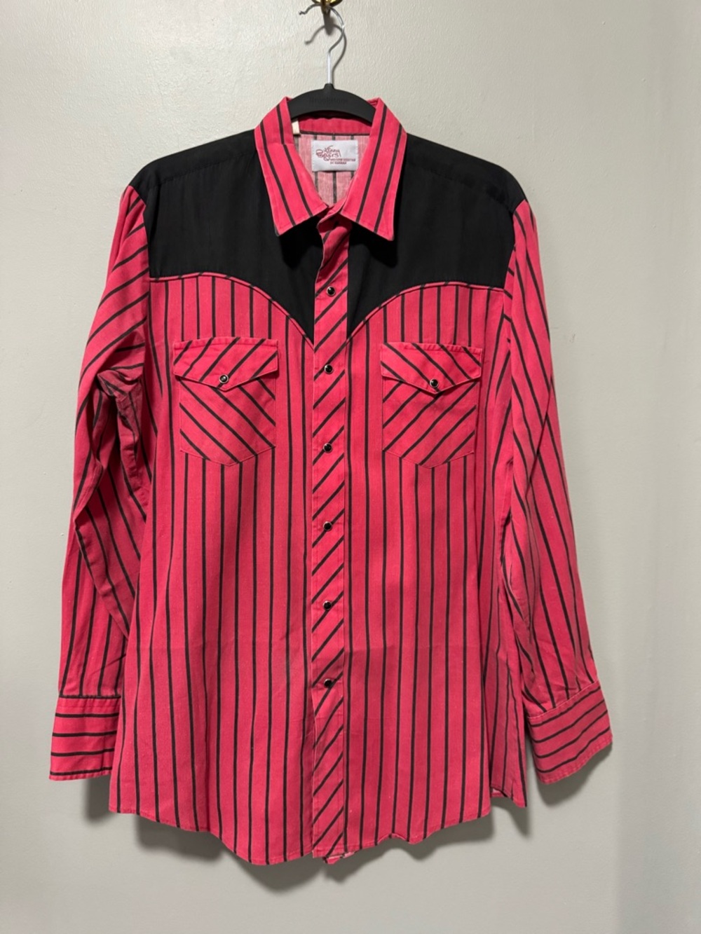 Vintage Kenny Rogers Western Shirt M/L Red Black Stripe Pearl Snap Rockabilly